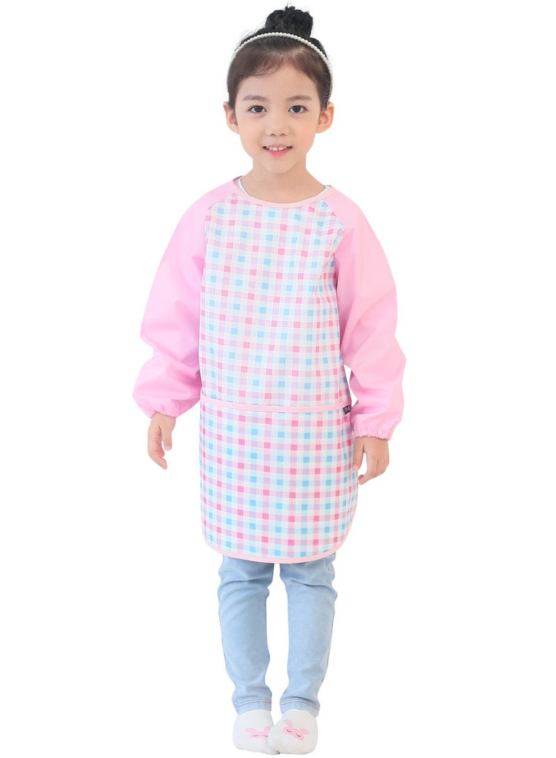 Plie Kids Painting Apron â€“ Waterproof Long Sleeve Art Smock for Toddlers & Preschoolers, Messy Play, Baking, Crafts, Cooking, Sensory Activities (Ages 1â€“10), Pink Check (15-XL) - Image 1
